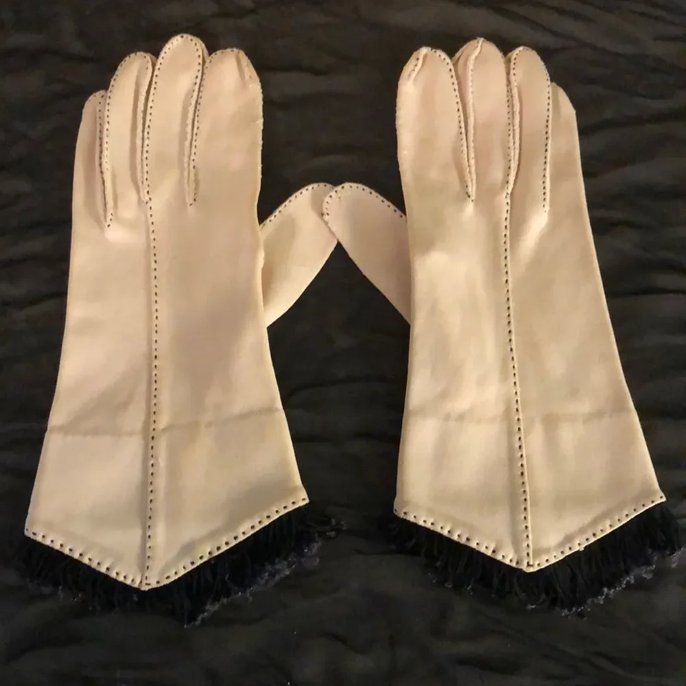Vintage Ladies Cream Gloves Black Fringe Small